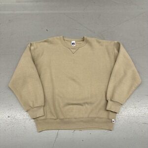 Russell Athletic Sweatshirt Mens XL Beige Fleece Crewneck Pullover Logo Patch